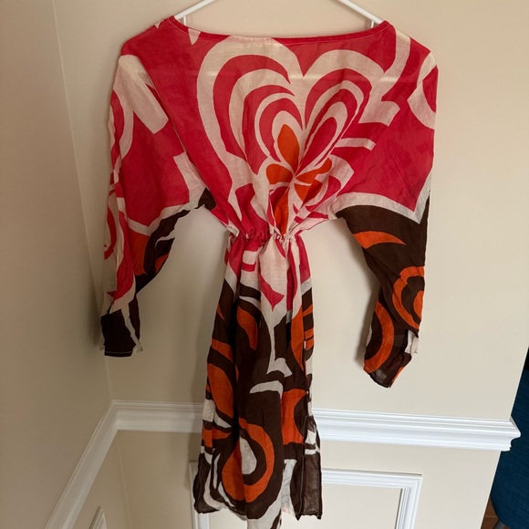 Y2K 100% Cotton Groovy Summer Vibrant Cinch Waist 3/4-Sleeve Swimsuit Coverup - Picture 5 of 9